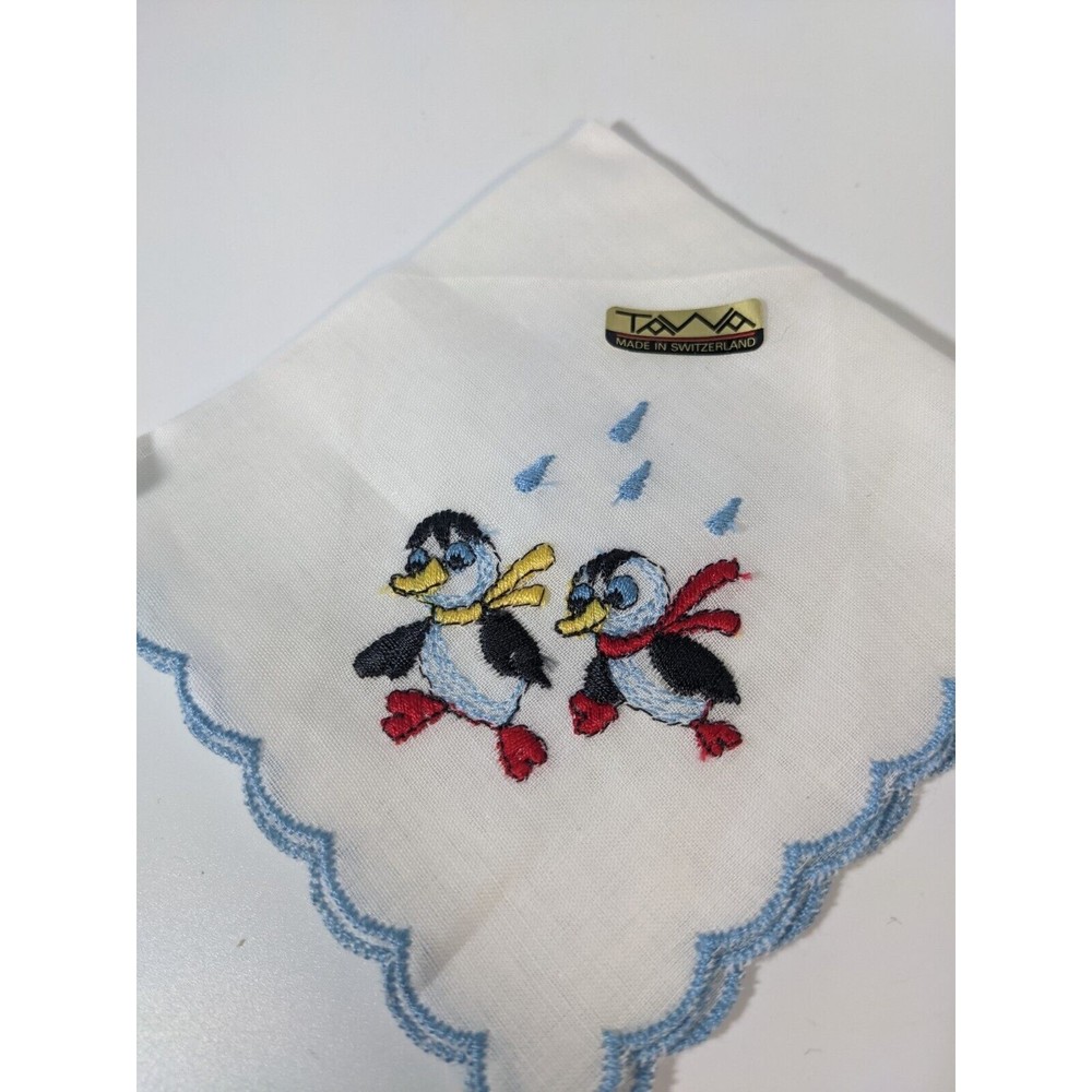 Vintage Penguins Hanky Handkerchief Pocket Scarf Blue Scalloped Edges Red Yellow